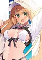 Rule 34 | 1girl, absurdres, arm up, artoria caster (fate), artoria caster (swimsuit) (fate), artoria caster (swimsuit) (first ascension) (fate), artoria pendragon (fate), baseball cap, bikini, black ribbon, blonde hair, breasts, cropped jacket, fate/grand order, fate (series), green eyes, hat, highres, jacket, long hair, long sleeves, looking at viewer, medium breasts, navel, open mouth, ribbon, simple background, smile, solo, striped clothes, striped jacket, striped ribbon, sunlight, swimsuit, twintails, upper body, uxco0, white background, white bikini, white hat, white jacket