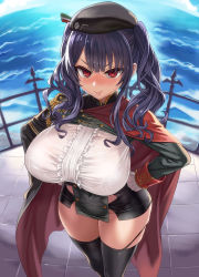 Rule 34 | 1girl, aiguillette, asanagi, azur lane, beret, black hat, black thighhighs, blush, bra visible through clothes, breasts, cape, cleavage, closed mouth, covered navel, epaulettes, framed breasts, frown, gloves, hands on own hips, hat, highres, huge breasts, long hair, looking at viewer, outdoors, pola (azur lane), purple hair, red eyes, sidelocks, skindentation, solo, standing, thighhighs, twintails, water, white gloves