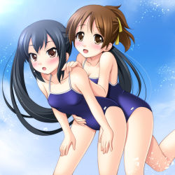 Rule 34 | 00s, 2girls, :o, bent over, black hair, blush, breasts, brown eyes, cleavage, competition school swimsuit, day, flat chest, hair ribbon, hirasawa ui, hug, hug from behind, k-on!, long hair, multiple girls, nakano azusa, narutaki shin, one-piece swimsuit, open mouth, outdoors, ponytail, ribbon, school swimsuit, short hair, smile, splashing, standing, swimsuit, twintails, very long hair, yuri