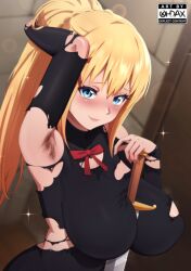 Rule 34 | 1girl, arm behind head, arm up, armpit hair, armpits, artist logo, artist name, between breasts, blonde hair, blue eyes, bodysuit, bow, bowtie, breasts, closed mouth, collarbone, darkness (konosuba), female focus, highres, kono subarashii sekai ni shukufuku wo!, large breasts, lips, long hair, looking at viewer, ohdax, ponytail, red bow, smile, solo, sparkle, sword, sword between breasts, torn bodysuit, torn clothes, upper body, weapon