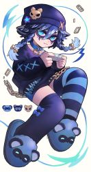 Rule 34 | 1girl, animal ears, beanie, blue eyes, blue hair, bow, braid, chain, collar, commentary, controller, english commentary, hair bow, hat, heart, highres, holding, holding controller, indie virtual youtuber, long sleeves, looking at viewer, mino (kirarayakubou), second-party source, simple background, slippers, snuffy (vtuber), solo, striped clothes, striped thighhighs, thighhighs, twin braids, virtual youtuber, watermark, white background