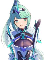 Rule 34 | 1girl, breasts, chest jewel, cleavage, earrings, female focus, gem, gloves, greek text, green eyes, green hair, headpiece, highres, jewelry, karuushi, large breasts, long hair, matching hair/eyes, nintendo, open mouth, pneuma (xenoblade), ponytail, simple background, smile, solo, swept bangs, tiara, very long hair, white background, xenoblade chronicles (series), xenoblade chronicles 2