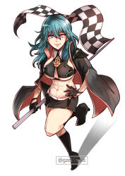 Rule 34 | 1girl, alternate costume, black cape, black footwear, black gloves, black skirt, blue eyes, blue hair, boots, byleth (female) (fire emblem), byleth (fire emblem), cape, checkered flag, crop top, fire emblem, fire emblem: three houses, flag, gloves, gzei, hand on own hip, high heel boots, high heels, highres, long hair, looking at viewer, midriff, miniskirt, navel, nintendo, parted lips, simple background, skirt, smile, solo, stomach, thighs, white background