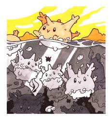 Rule 34 | closed mouth, corsola, creature, creatures (company), excarabu, floating, game freak, gen 2 pokemon, inktober, mountain, nature, nintendo, no humans, outdoors, partially colored, pokemon, pokemon (creature), sky, smile, swimming, underwater, water, yellow sky