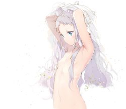 Rule 34 | 1girl, animal ears, anmi, armpits, arms up, blue eyes, blush, cat ears, dress, expressionless, flat chest, hair censor, hair over breasts, long hair, md5 mismatch, navel, nude, original, silver hair, simple background, solo, undressing, upper body, veil, white background