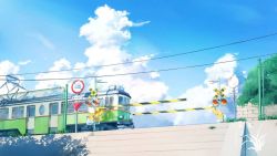 Rule 34 | artist name, cable, chinese commentary, cloud, commentary request, day, grass, no humans, original, plant, railroad crossing, road sign, scenery, shade, sign, sky, stairs, sunlight, train, tree, xingzhi lv