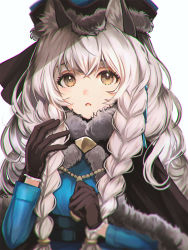 Rule 34 | 1girl, amripo, animal ear fluff, animal ears, arknights, black capelet, black gloves, blue jacket, braid, capelet, chromatic aberration, commentary request, fur-trimmed capelet, fur trim, gloves, grey eyes, hand up, hat, highres, jacket, leopard ears, long hair, looking at viewer, official alternate costume, parted lips, pramanix (arknights), pramanix (caster&#039;s frost) (arknights), silver hair, simple background, solo, twin braids, upper body, white background