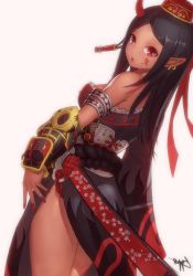 Rule 34 | 1girl, :o, armlet, backlighting, bad id, bad pixiv id, black hair, bypos, corset, cowboy shot, dark-skinned female, dark skin, dress, earrings, facial mark, hat, highres, horns, jewelry, long hair, looking at viewer, looking back, nail polish, oni, original, pointy ears, red eyes, rope, scabbard, sheath, shimenawa, side slit, signature, simple background, single horn, sleeveless, sleeveless dress, solo, sword, vambraces, weapon, white background