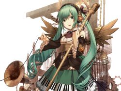 Rule 34 | 1girl, cage, dress, green hair, hatsune miku, headphones, kondou (dioptrie), long hair, microphone, piano print, solo, steampunk, twintails, vocaloid, wings