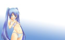 Rule 34 | 1girl, bare arms, bare shoulders, blue background, blue eyes, blue hair, blue panties, blush, breasts, clothes lift, collarbone, cowboy shot, curvy, gradient background, gradient hair, hair tie, hand to own mouth, hands up, hatsune miku, highres, image sample, light blue hair, long hair, looking at viewer, multicolored hair, nakoumi kokoro, navel, panties, parted lips, shirt lift, shy, small breasts, solo, standing, stomach, striped clothes, striped panties, underboob, underwear, very long hair, vest, vocaloid, white background, white vest