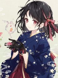 Rule 34 | 1girl, apple hair ornament, black gloves, black hair, blue kimono, blush, bow, closed mouth, commentary, fish, fish request, floral print, flying fish, food-themed hair ornament, gloves, grey background, hair bow, hair ornament, hakama, hakama skirt, hands up, highres, japanese clothes, kimono, long hair, long sleeves, mochizuki shiina, original, parted bangs, print kimono, red bow, red eyes, red hakama, skirt, smile, solo, striped, striped bow, symbol-only commentary, unmoving pattern, wide sleeves