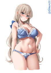 Rule 34 | 1girl, blonde hair, blue bra, blue eyes, blue panties, blue ribbon, blush, bra, breasts, cleavage, collarbone, cowboy shot, cropped legs, ebifurya, groin, hair over breasts, hair ribbon, hand on own hip, highres, kantai collection, large breasts, long hair, looking at viewer, maryland (kancolle), navel, one-hour drawing challenge, panties, parted lips, ribbon, sidelocks, simple background, solo, thighs, twitter username, underwear, underwear only, white background