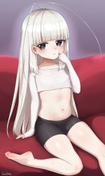Rule 34 | 1girl, absurdres, arm support, barefoot, bike shorts, black shorts, blunt bangs, blush, breasts, closed mouth, collarbone, couch, crop top, eyelashes, feet, foot out of frame, goki buri, grey eyes, grey hair, hand up, highres, indoors, leaning back, legs, long sleeves, looking at viewer, navel, original, shiny skin, shorts, sitting, sleeves past wrists, small breasts, soles, solo, stomach, thighs, toes