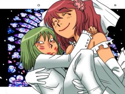 Rule 34 | 2girls, alternate costume, carrying, dress, elbow gloves, closed eyes, face, female focus, flower, formal, gloves, green hair, hair flower, hair ornament, lipstick, lipstick mark, makeup, multiple girls, no headwear, onikobe rin, onozuka komachi, pant suit, pants, princess carry, red hair, red lips, shiki eiki, smile, stained glass, suit, touhou, veil, wedding, wedding dress, wife and wife, yuri