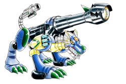 Rule 34 | android, armor, cannon, clenched teeth, digimon, digimon (creature), digimon next, full armor, full body, gun, looking to the side, official art, okano takeshi, simple background, teeth, weapon, wolf, z&#039;dgarurumon