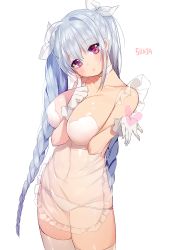 Rule 34 | 1girl, apron, artist name, bad id, bad pixiv id, between breasts, blue hair, blush, bow, braid, breasts, choker, cowboy shot, frilled apron, frills, gloves, grey hair, hair bow, head tilt, heart, index finger raised, large breasts, long hair, looking at viewer, original, outstretched hand, panties, pointing, pointing at self, pointing up, purple eyes, red eyes, see-through, simple background, solo, sukja, text focus, thighhighs, twin braids, twintails, underwear, upper body, very long hair, white background, white bow, white gloves, white panties, white thighhighs