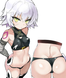Rule 34 | 1girl, arm belt, arms behind back, ass, back, bandaged arm, bandages, bare shoulders, black panties, black thighhighs, breasts, closed mouth, covered erect nipples, crop top, facial scar, fate/apocrypha, fate/grand order, fate (series), green eyes, highres, jack the ripper (fate/apocrypha), looking at viewer, lowleg, lowleg panties, multiple views, navel, panties, scar, scar across eye, scar on cheek, scar on face, shimejinameko, short hair, shoulder tattoo, simple background, slit pupils, small breasts, tattoo, thighhighs, thighs, underwear, white background, white hair