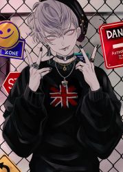 Rule 34 | 1boy, artist name, character request, copyright request, earrings, fence, goth fashion, jewelry, nail polish, road sign, sign, solo, union jack