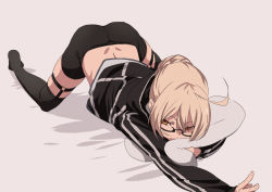 Rule 34 | 1girl, ahoge, all fours, artoria pendragon (fate), back, bike shorts, black-framed eyewear, black jacket, blonde hair, braid, commentary request, fate/grand order, fate (series), french braid, fu-ta, garter straps, glasses, holding, holding pillow, jacket, long sleeves, looking at viewer, mysterious heroine x alter (fate), mysterious heroine x alter (second ascension) (fate), hugging object, on bed, pillow, pillow hug, solo, thighhighs, top-down bottom-up, v, yellow eyes