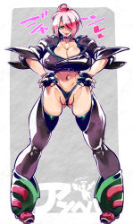 Rule 34 | 1girl, abs, angel (kof), boots, bra, breasts, chaps, commentary request, cowboy boots, cropped jacket, fingerless gloves, gloves, hair over one eye, jacket, kemonono (inchiki dou), large breasts, leather, leather jacket, partially visible vulva, pussy, snk, solo, spread pussy, strapless, strapless bra, the king of fighters, the king of fighters 2001, the king of fighters xiv, toned, translation request, uncensored, underwear