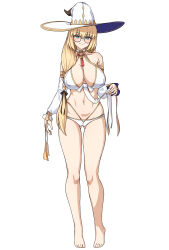 Rule 34 | 1girl, alternate breast size, bare shoulders, barefoot, bikini, blonde hair, blue eyes, blush, braid, breasts, cleavage, collarbone, detached sleeves, fate/grand order, fate (series), full body, glasses, gluteal fold, gold trim, hat, highres, large breasts, long hair, looking at viewer, muta poo, navel, revision, round eyewear, side ponytail, smile, solo, swimsuit, aesc (fate), very long hair, white hat, witch hat