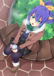 Rule 34 | 1girl, akatsu masato, alternate costume, bench, boots, brown jacket, commentary request, cup, disposable cup, frilled skirt, frills, green scarf, hair ribbon, holding, holding cup, jacket, long sleeves, looking at viewer, medium hair, on bench, open mouth, outdoors, pantyhose, ponytail, purple hair, ribbon, scarf, serena (yu-gi-oh!), sitting, skirt, solo, steam from mouth, sweater, yellow ribbon, yu-gi-oh!, yu-gi-oh! arc-v