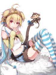 Rule 34 | 10s, 1girl, :3, absurdres, andira (granblue fantasy), animal, animal ears, antenna hair, bell, blonde hair, blue bow, blue shorts, blush, bow, brown eyes, closed mouth, crossed legs, cutoffs, denim, denim shorts, ear ribbon, erune, fingers together, from side, fur, fur collar, fur trim, granblue fantasy, hair between eyes, hairband, highres, horizontal-striped legwear, jingle bell, looking at viewer, looking to the side, midriff, monkey, monkey ears, monkey tail, mugcup, multicolored hair, navel, pom pom (clothes), red eyes, short hair, short shorts, shorts, sitting, smile, solo, stomach, striped clothes, striped thighhighs, tail, tail bow, tail ornament, thighhighs, tsurime, two-tone hair
