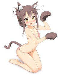 Rule 34 | 10s, 1girl, animal ears, animal hands, arms up, barefoot, bikini, blush, breasts, brown eyes, brown hair, cat ears, child, flat chest, flying sweatdrops, folded ponytail, full body, gloves, highres, inazuma (kancolle), kantai collection, kemonomimi mode, kneeling, long hair, looking at viewer, navel, nedia (nedia region), open mouth, paw gloves, paw pose, pink bikini, solo, swimsuit, tail, wavy mouth, white background