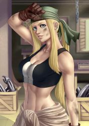 Rule 34 | 1girl, arm up, automail, bandana, blonde hair, blue eyes, breasts, brown gloves, chain, cleavage, cowboy shot, dirty, dirty face, earrings, fullmetal alchemist, gloves, green bandana, indoors, jewelry, long hair, looking at viewer, midriff, muscular, muscular female, navel, parted lips, ponytail, sidelocks, solo, winry rockbell, zetman92, zipper