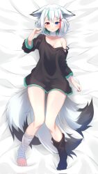 Rule 34 | 1girl, amato 0321, animal ears, bandaged ankle, bandaged foot, bandaged leg, bandages, black bra, black shirt, blue eyes, bra, breasts, commission, full body, gao ashina, green hair, heterochromia, highres, indie virtual youtuber, lying, medium breasts, multicolored hair, multiple tails, no pants, off shoulder, on back, oversized clothes, oversized shirt, red eyes, red hair, shirt, short hair, single sock, skeb commission, sleeves past elbows, socks, strap slip, tail, underwear, virtual youtuber, white hair, wolf ears, wolf girl, wolf tail