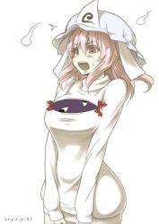 Rule 34 | 1girl, ^^^, artist name, bottomless, breasts, cleavage, gap (touhou), hat, highres, hitodama, jpeg artifacts, md5 mismatch, meme attire, open-chest sweater, open mouth, pink eyes, pink hair, portal (object), resized, saigyouji yuyuko, short hair, simple background, solo, sweatdrop, sweater, touhou, triangular headpiece, v arms, volkies, white background