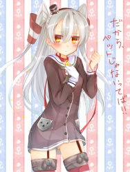 Rule 34 | 10s, 1girl, amatsukaze (kancolle), brown eyes, chihio, chihiro (khorosho), dress, garter straps, kantai collection, long hair, no panties, personification, sailor dress, school uniform, see-through, serafuku, short dress, silver hair, solo, striped clothes, striped thighhighs, thighhighs, twintails, two side up, zettai ryouiki