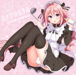 Rule 34 | 1boy, :d, alternate costume, astolfo (fate), baby bottle, black bow, black thighhighs, blush, bottle, bow, bowtie, braid, bulge, character name, commentary request, enmaided, fang, fate/apocrypha, fate (series), full body, hair between eyes, hair bow, ladle, long hair, looking at viewer, maid, maid headdress, male focus, official alternate costume, open mouth, panties, pantyshot, pink background, pink hair, purple eyes, single braid, smile, solo, thighhighs, trap, tsukudani norio, underwear, very long hair, white bow, white bowtie, white panties