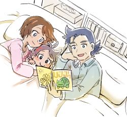 Rule 34 | 1girl, 2boys, blue eyes, blush, blush stickers, book, brown hair, bulbasaur, camille (pokemon), character print, closed mouth, commentary request, creatures (company), eyelashes, family, game freak, gen 1 pokemon, goh (pokemon), grey hair, grey shirt, halta (pokemon), holding, holding book, indoors, long sleeves, matsuno opa, multiple boys, nintendo, open mouth, pillow, pink shirt, pokemon, pokemon (anime), pokemon (creature), pokemon journeys, reading, shirt, short hair, smile, tissue box, tongue, under covers