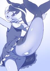 Rule 34 | 1girl, :d, absurdres, accidental exposure, bandaid, bandaid on tail, bare arms, blowhole, blue theme, cetacean tail, clothes lift, commentary, common dolphin (kemono friends), cowboy shot, dorsal fin, dress, dress lift, fins, fish tail, frilled dress, frills, from behind, gradient background, highres, inconvenient tail, kemono friends, looking at viewer, looking back, masuyama ryou, monochrome, multicolored hair, open mouth, outstretched arms, panties, short hair, simple background, sleeveless, sleeveless dress, smile, solo, spread arms, striped clothes, striped panties, tail, teeth, underwear, upper teeth only