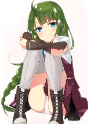 Rule 34 | 1girl, ahoge, beritabo, black footwear, blouse, blue eyes, blush, boots, braid, brown gloves, closed mouth, commentary request, cross-laced footwear, dress, elbow gloves, fingerless gloves, gloves, green hair, grey thighhighs, highres, kantai collection, knees up, lace-up boots, long hair, mole, mole under mouth, panties, pink panties, pleated dress, red dress, school uniform, shirt, short sleeves, sleeveless, sleeveless dress, smile, solo, thighhighs, thighhighs under boots, underwear, very long hair, white shirt, yuugumo (kancolle), yuugumo kai ni (kancolle)