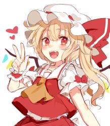 Rule 34 | 1girl, blonde hair, blush, bow, flandre scarlet, frilled sleeves, frills, hat, hat bow, heart, mob cap, open mouth, paragasu (parags112), red bow, red eyes, red shirt, red skirt, shirt, short sleeves, side ponytail, simple background, skirt, skirt set, solo, teeth, touhou, upper teeth only, w, white background, wings