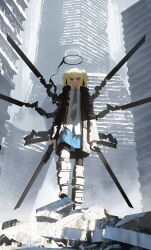 Rule 34 | 1girl, absurdres, asteroid ill, black footwear, black jacket, black pantyhose, blonde hair, blue eyes, blue necktie, blue skirt, boots, building, cityscape, closed mouth, collared jacket, collared shirt, cornea (asteroid ill), day, debris, dual wielding, floating, foot up, full body, hair between eyes, halo, highres, holding, holding sword, holding weapon, jacket, long sleeves, looking at viewer, mechanical halo, necktie, open clothes, open jacket, original, outdoors, pantyhose, pleated skirt, ruins, shirt, short twintails, sidelocks, skirt, solo, straight-on, sword, thigh boots, twintails, weapon, white shirt
