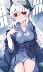 Rule 34 | 1girl, blue kimono, blush, closed mouth, collarbone, commentary request, dragon girl, dragon horns, fate/grand order, fate (series), from above, hand up, highres, horns, japanese clothes, kimono, kiyohime (fate), long hair, looking at viewer, looking up, morizono shiki, panties, red eyes, sash, sidelocks, smile, solo, thighs, underwear, white hair, white panties