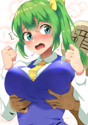 Rule 34 | 1boy, 1girl, alternate breast size, aqua eyes, bad id, bad pixiv id, blush, bow, grabbing another&#039;s breast, breasts, commentary request, daiyousei, dark-skinned male, dark skin, deep skin, grabbing, grabbing from behind, green hair, hair bow, hands up, hetero, highres, large breasts, long hair, necktie, nose blush, open mouth, side ponytail, sin sack, sweat, touhou, upper body, wavy mouth, white background, wing collar, yani (nokori life1), yellow bow, yellow neckwear