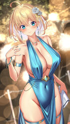 Rule 34 | 1girl, ahoge, aqua dress, aqua eyes, aqua nails, arm strap, bare shoulders, blonde hair, blush, bracelet, breasts, cleavage, collarbone, commentary request, covered navel, dress, earrings, hair ornament, highres, holding, jewelry, large breasts, looking at viewer, nail polish, original, short hair, sideboob, smile, solo, sophia f shirring, takamine nadare, thigh strap, thighs