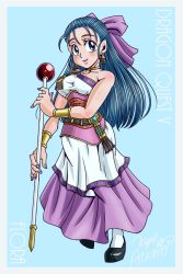 Rule 34 | 1girl, bare shoulders, blue eyes, blue hair, bow, breasts, dragon quest, dragon quest v, dress, earrings, flora (dq5), full body, gengoro akemori, hair bow, half updo, jewelry, long hair, matching hair/eyes, pink bow, scepter, smile, solo, square enix, staff, standing
