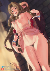 Rule 34 | !, 1girl, 2boys, absurdres, aerith gainsborough, art pimp, bottomless, bow, braid, braided ponytail, breasts, brick wall, brown hair, caught, censored, clothed sex, cloud strife, dress, female orgasm, female pubic hair, final fantasy, final fantasy vii, final fantasy vii remake, formal, green eyes, hair bow, half-closed eyes, hand on another&#039;s shoulder, hetero, highres, jacket, jewelry, mosaic censoring, multiple boys, navel, necklace, netorare, nipples, no panties, off shoulder, open clothes, open mouth, orgasm, pink dress, pubic hair, pussy juice, red jacket, saliva, sex, spiked hair, standing, standing sex, suit, sweat, tongue, tongue out, watermark