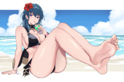 Rule 34 | 1girl, arm support, barefoot, beach, bikini, black bikini, blue eyes, blue hair, breasts, byleth (female) (fire emblem), byleth (fire emblem), crossed legs, cuboon, drinking, feet, fire emblem, fire emblem: three houses, fire emblem heroes, intelligent systems, large breasts, legs, looking at viewer, medium hair, nintendo, ocean, outdoors, resolution mismatch, sand, sitting, soles, solo, source larger, swimsuit, tagme, toes