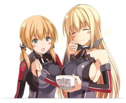 Rule 34 | 10s, 2girls, anchor hair ornament, bismarck (kancolle), blonde hair, blush, bowl, breasts, chopsticks, eating, graf zeppelin (kancolle), green eyes, hair ornament, kantai collection, large breasts, long hair, long sleeves, low twintails, military, military uniform, multiple girls, ohta yuichi, prinz eugen (kancolle), sideboob, simple background, smile, sukiya, twintails, u-511 (kancolle), uniform, unsinkable sam, white background, z1 leberecht maass (kancolle), z3 max schultz (kancolle)