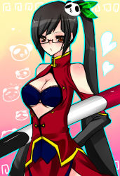 Rule 34 | 1girl, akira kichi, arc system works, bare shoulders, black hair, blazblue, blazblue: calamity trigger, bra, breasts, brown eyes, china dress, chinese clothes, cleavage, dress, female focus, glasses, gradient background, highres, lao jiu, lingerie, litchi faye ling, long hair, ponytail, solo, staff, underwear