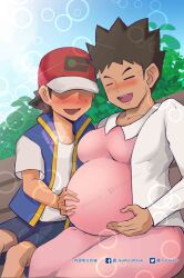 Rule 34 | 1boy, 1girl, :d, = =, absurdres, ash ketchum, blush, brock (pokemon), brown hair, catjeady, closed eyes, commentary, couple, creatures (company), day, dress, english commentary, faceless, faceless male, game freak, genderswap, genderswap (mtf), hand on another&#039;s stomach, happy, hat, hetero, highres, lens flare, nintendo, nose blush, open mouth, outdoors, pink dress, pokemon, pokemon (anime), pokemon journeys, pregnant, short hair, smile, spiked hair, v-shaped eyebrows