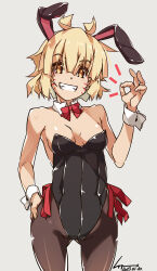 Rule 34 | 1girl, animal ears, argo the rat, blonde hair, bow, bowtie, breasts, commentary request, covered navel, cowboy shot, dated, detached collar, facial mark, highres, leotard, looking at viewer, medium breasts, pantyhose, playboy bunny, rabbit ears, raised eyebrows, red bow, red bowtie, shikei, short hair, simple background, smile, solo, strapless, strapless leotard, sword art online, tan, whisker markings, wrist cuffs, yellow eyes