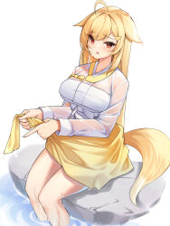 Rule 34 | 1girl, absurdres, ahoge, animal ears, bare legs, blonde hair, breasts, commentary request, crop top, fox ears, fox girl, fox tail, frown, highres, jeogori (clothes), jingburger, kemonomimi mode, korean clothes, korean commentary, large breasts, long hair, long sleeves, looking at viewer, open mouth, red eyes, see-through, shirt, simple background, sitting, skirt, soaking feet, solo, tail, very long hair, virtual youtuber, waktaverse, water, wet, wet clothes, wet shirt, white background, white shirt, yellow skirt, ziro (zirorong)