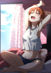 Rule 34 | 2girls, absurdres, ahoge, armpits, arms behind head, arms up, bare arms, blue sky, blurry, blush, breasts, cloud, curtains, closed eyes, highres, kougi hiroshi, crossed legs, love live!, love live! sunshine!!, medium breasts, midriff, multiple girls, navel, on bed, open mouth, orange hair, sakurauchi riko, short hair, sky, sleeveless, solo focus, stomach, stretching, sunlight, tagme, takami chika, waking up, window, yawning, yuri